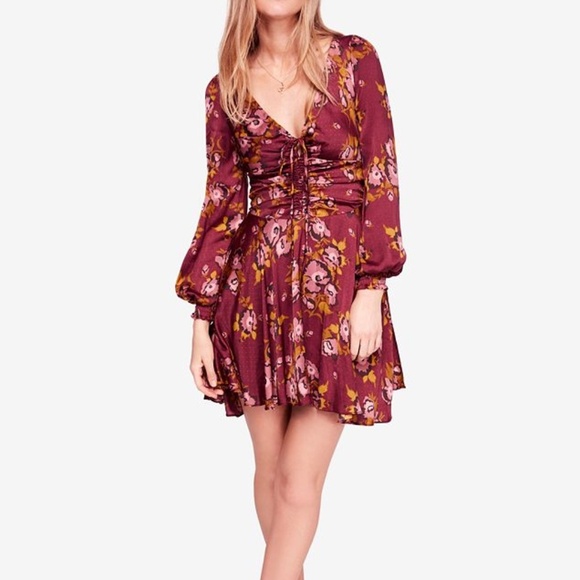 Free People Dresses & Skirts - Free People Floral Long Sleeve Dress - Burgundy and Yellow
